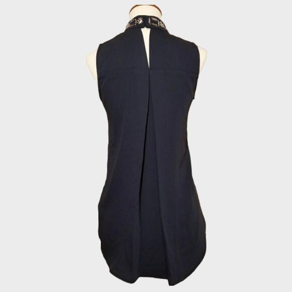 H&M Sleeveless Mock Neck Dress Blouse Dark Navy Blue Size 6 Beaded Neck - Picture 3 of 6